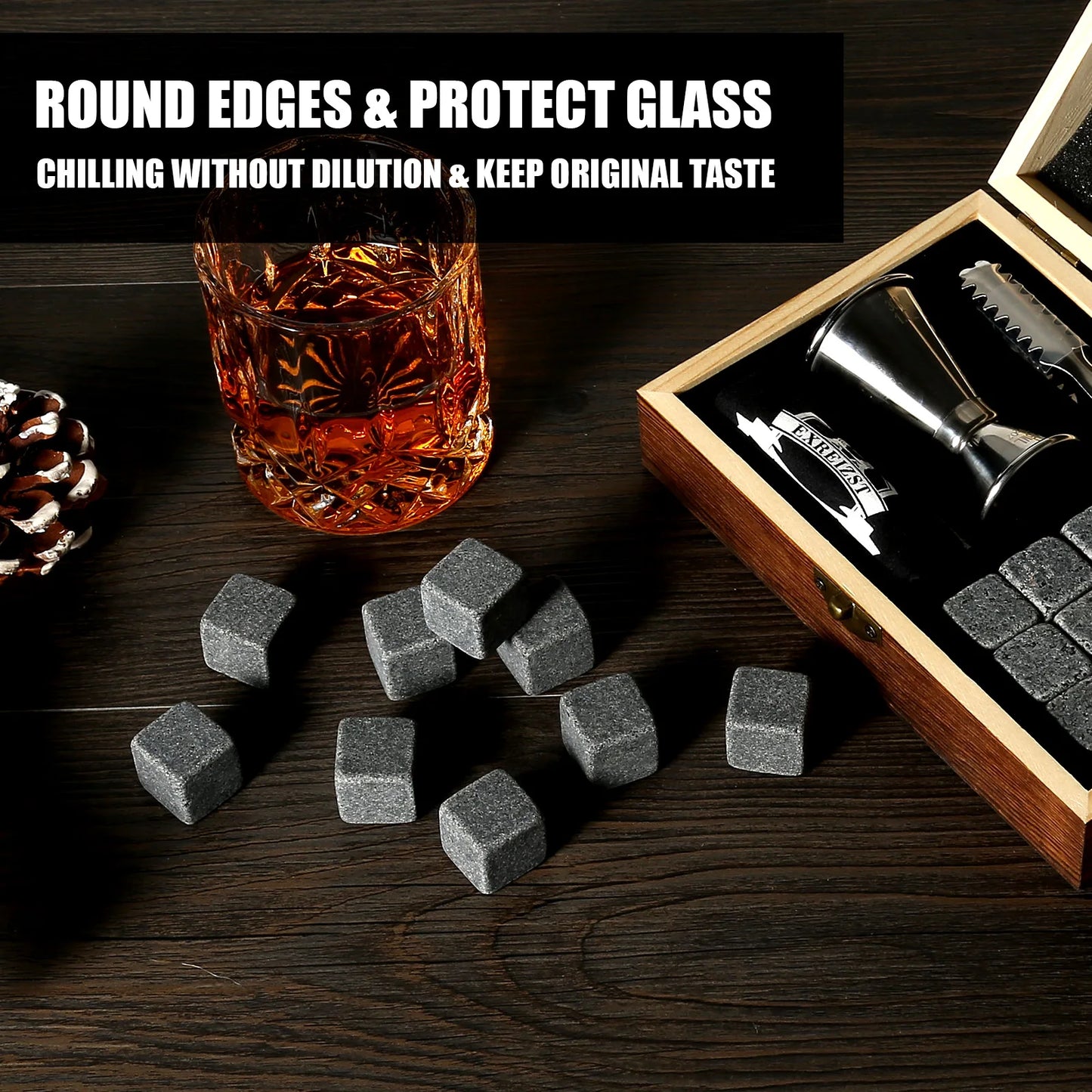Whiskey Stones Gift Set 9 Granite Chilling Stones Whisky Rocks Reusable Ice Cubes With Jigger Best Drinking Gifts for Men