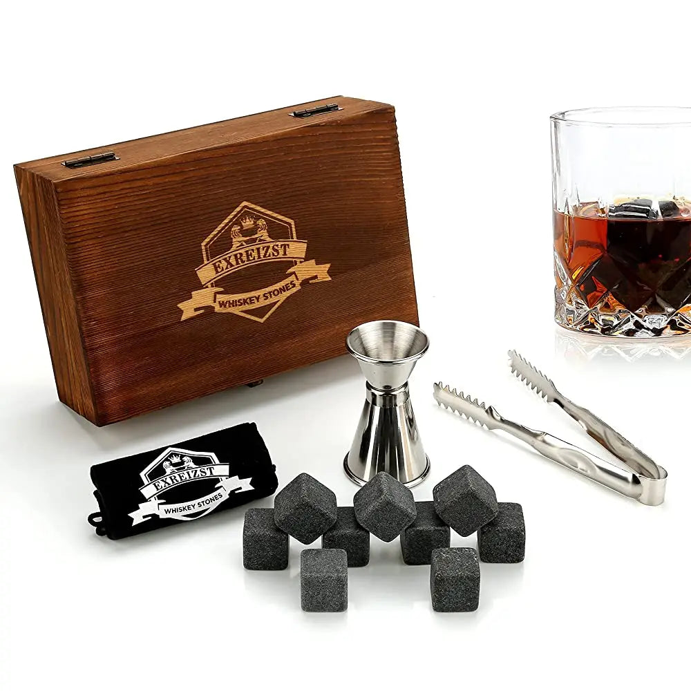 Whiskey Stones Gift Set 9 Granite Chilling Stones Whisky Rocks Reusable Ice Cubes With Jigger Best Drinking Gifts for Men