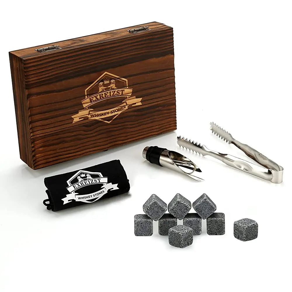 Whiskey Stones Gift Set 9 Granite Chilling Stones Whisky Rocks Reusable Ice Cubes With Jigger Best Drinking Gifts for Men