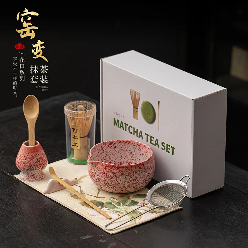 Petal Matcha Set 1-8 Pcs KilnChange Glazed Matcha Kit with Matcha Bowl Whisk Spouted Tools Handcrafted Ceremony luxury Gift Box