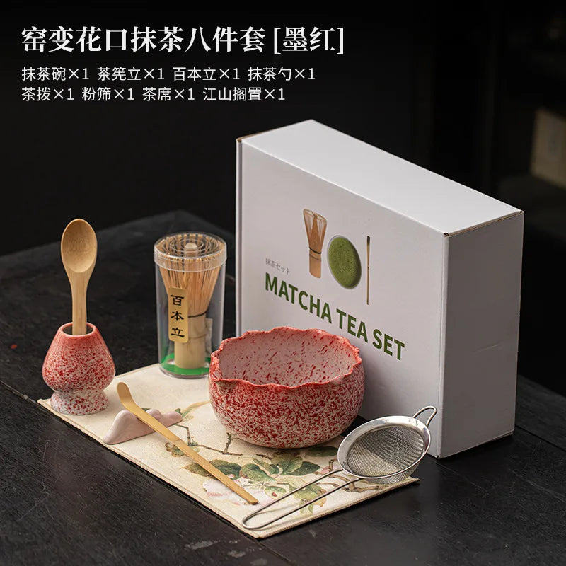 Petal Matcha Set 1-8 Pcs KilnChange Glazed Matcha Kit with Matcha Bowl Whisk Spouted Tools Handcrafted Ceremony luxury Gift Box