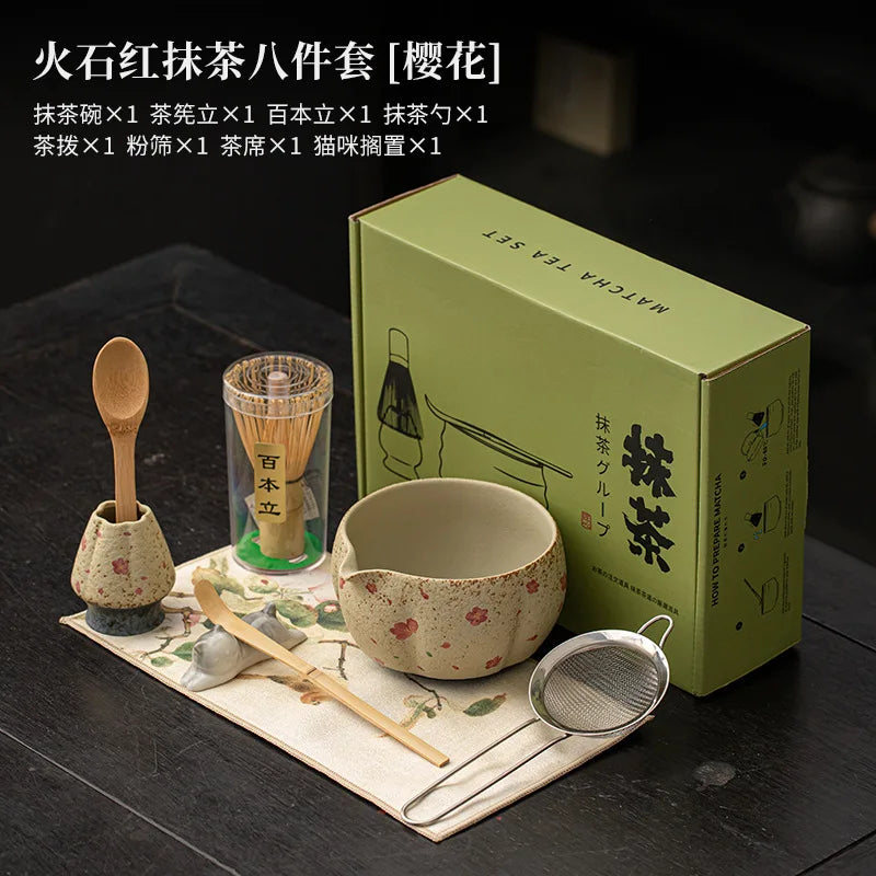 2-8PCS Japanese Flint red Matcha Making Set Bamboo Matcha Brush Exquisite Matcha Bowl Box with Whisk Sumptuous Tea Tools Gifts
