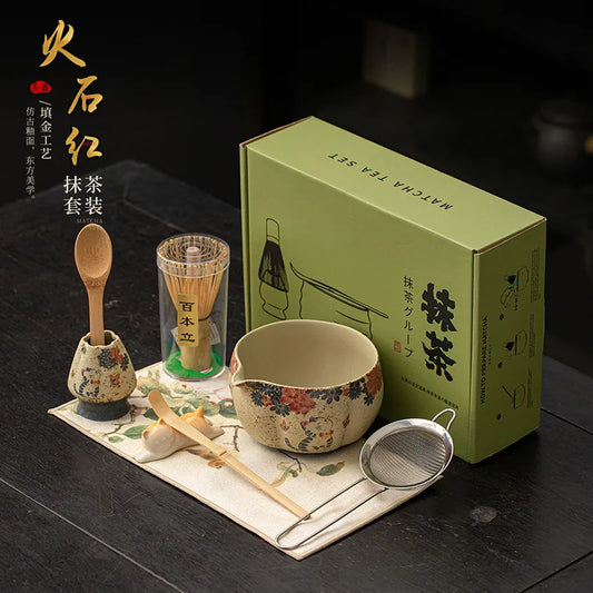 2-8PCS Japanese Flint red Matcha Making Set Bamboo Matcha Brush Exquisite Matcha Bowl Box with Whisk Sumptuous Tea Tools Gifts